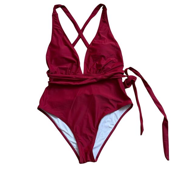 NWT Cupshe Red Swimsuit One Piece Plunge Backless Self Tie Racerback Large - Picture 1 of 12